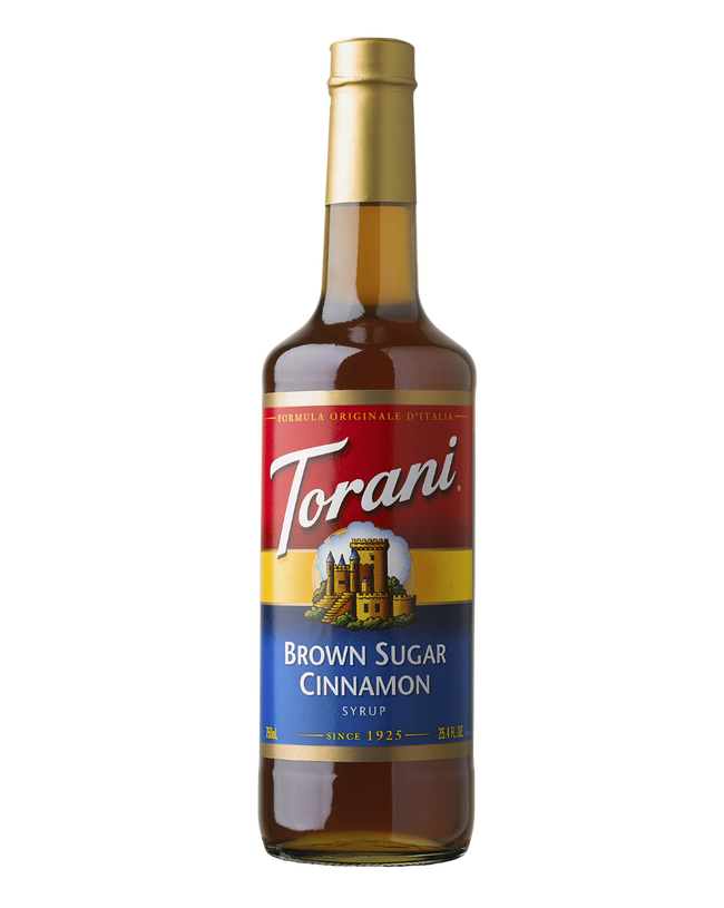 Torani Brown Sugar Cinnamon Bottle with red, yellow, and blue label, on a white background