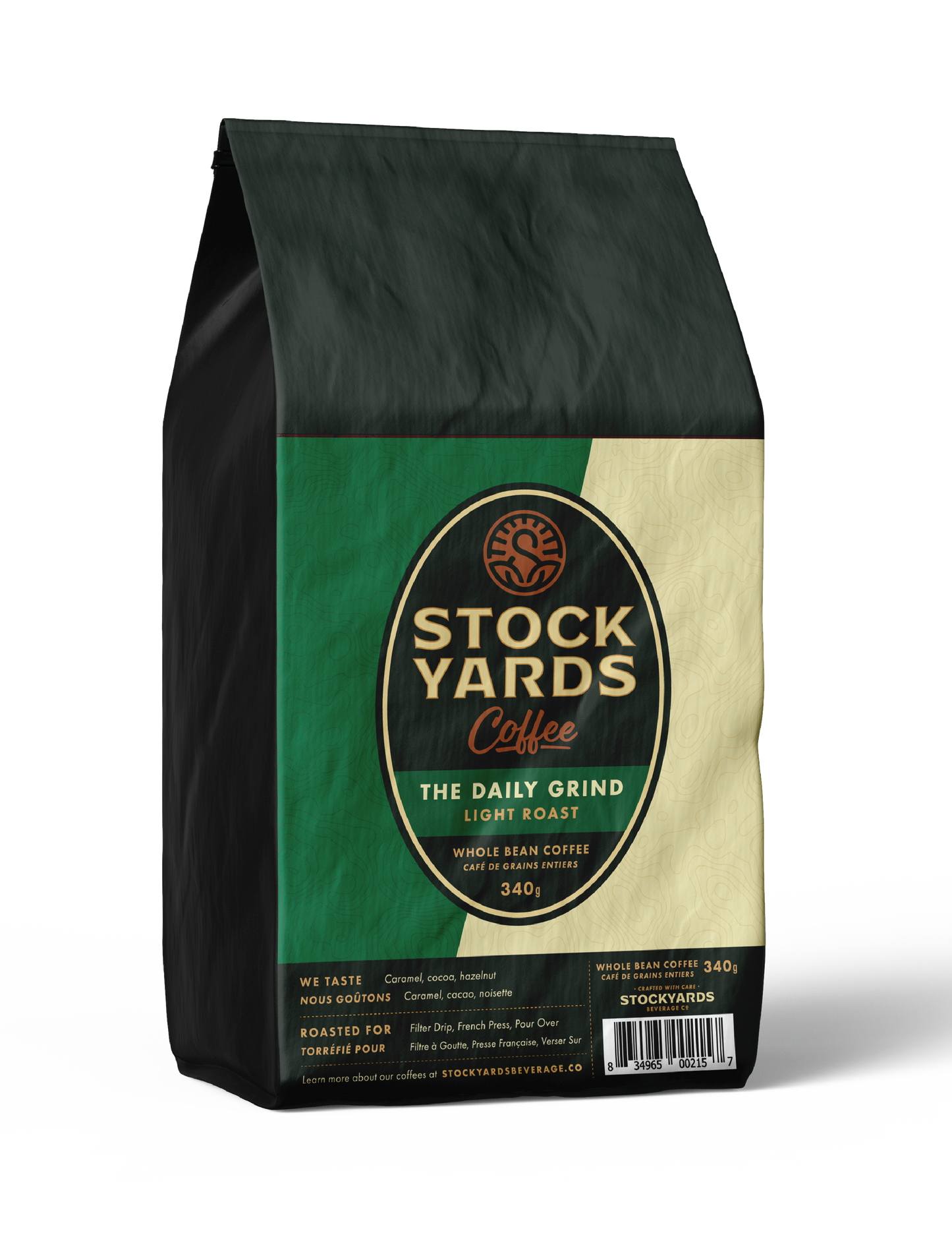 A bag of STOCKYARDS The Daily Grind Light Roast coffee, with a green and black color scheme and branding details.