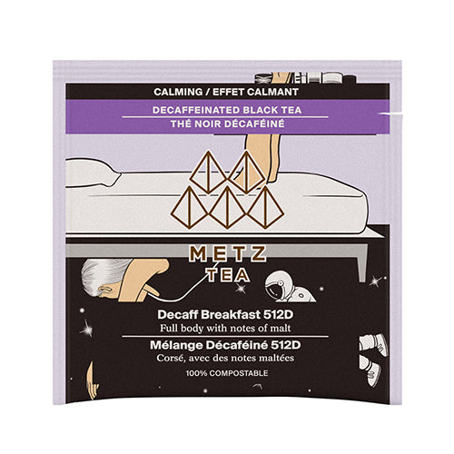 Metz Tea decaffeinated black tea package with illustrations and text on a white background