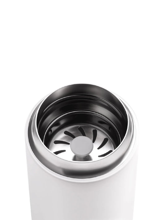 White travel mug with black interior on a white background