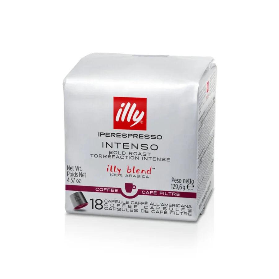 A white rectangular box of Illy Blend Intenso coffee capsules on a clean white background. The packaging features the red Illy logo and black and red text detailing the bold roast and 100% arabica.