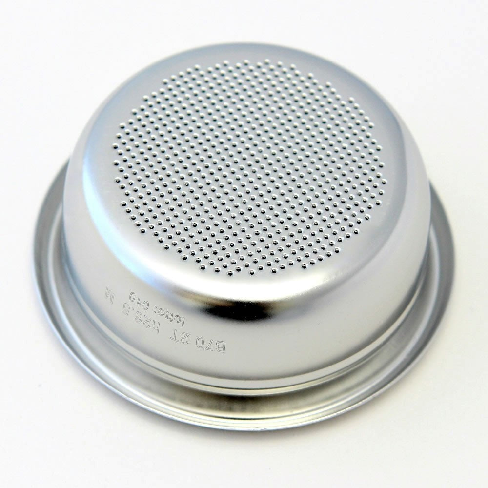 A stainless steel espresso portafilter filter basket with a perforated mesh screen, shown from a upside down perspective on a white background.
