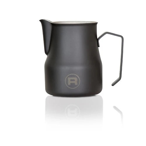 Black milk pitcher with a brand logo on a white background