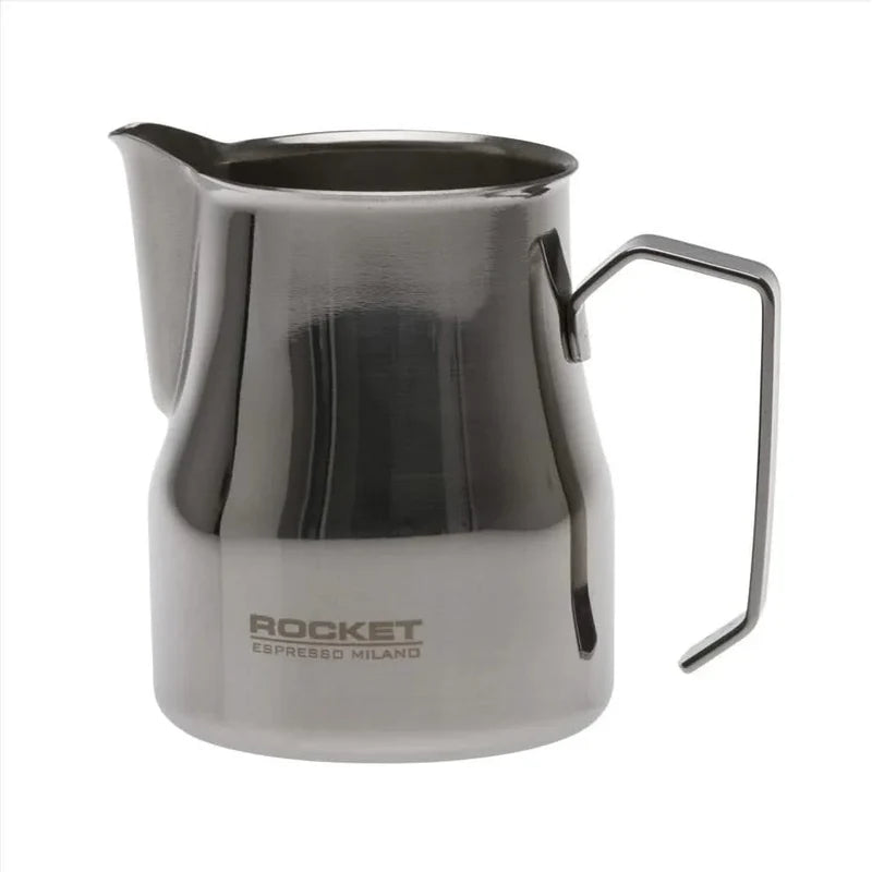 Stainless steel milk frothing pitcher with handle on a white background, featuring the Rocket Espresso Milano logo.