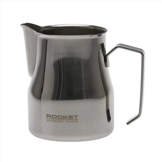 Stainless steel milk frothing pitcher with handle on a white background, featuring the Rocket Espresso Milano logo.