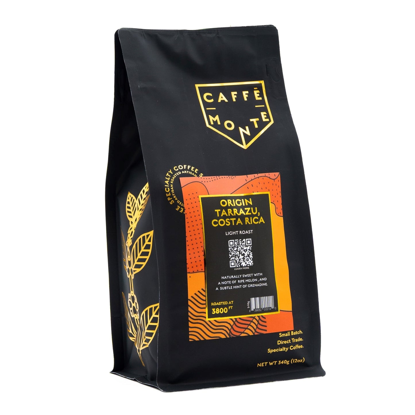 Caffè Monte Tarrazu, Costa Rica coffee bag with gold floral accents on a white background