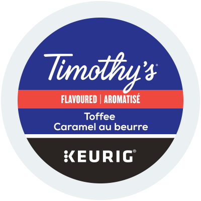 A label featuring the Timothy's Toffee brand logo with the text 'Flavored | Aromatisé' and 'Toffee Caramel au beurre'. It indicates the coffee is compatible with Keurig machines.