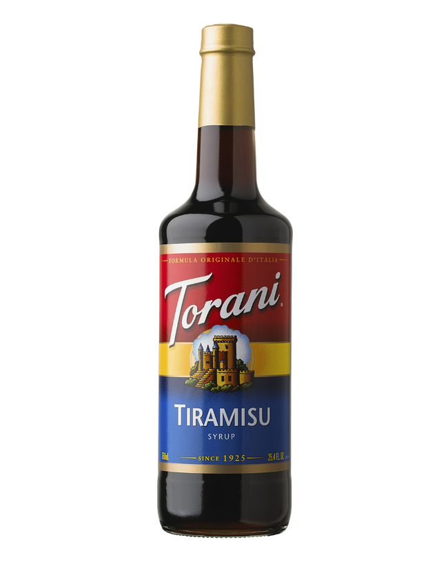 Torani Tiramisu syrup bottle on a white background