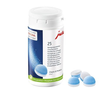 Jura coffee machine cleaning tablet packaging of 25 Tablets on a white background
