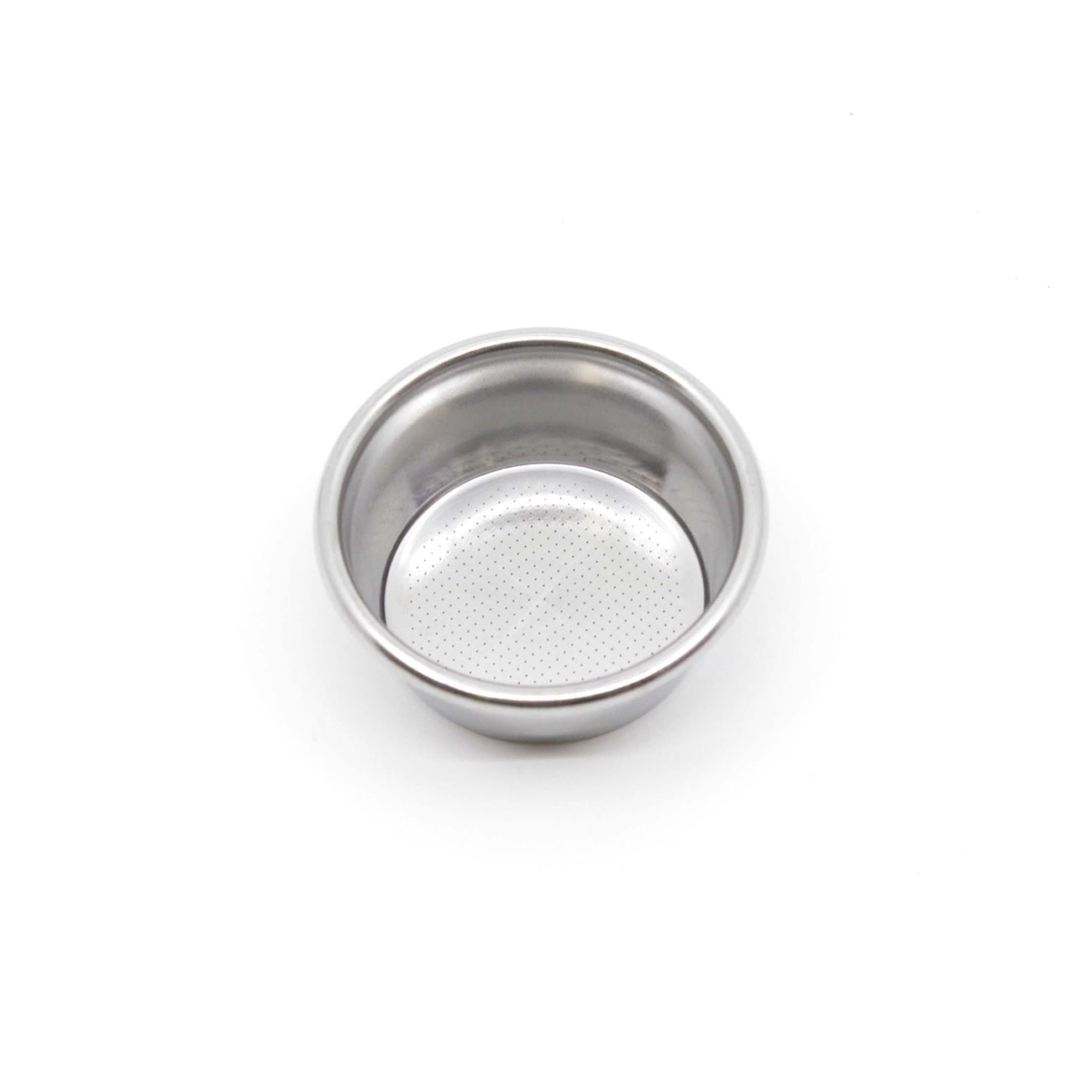 Metal portafilter basket on a white background