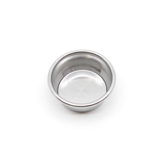 Metal portafilter basket on a white background