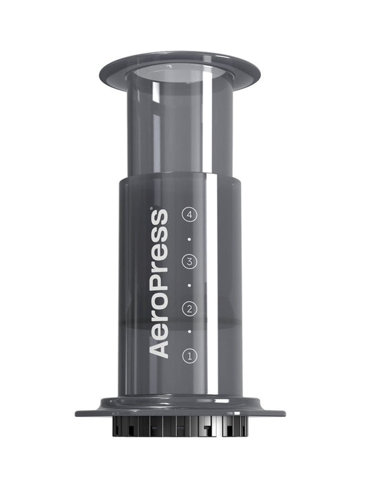 Gray Aeropress coffee maker on a white background