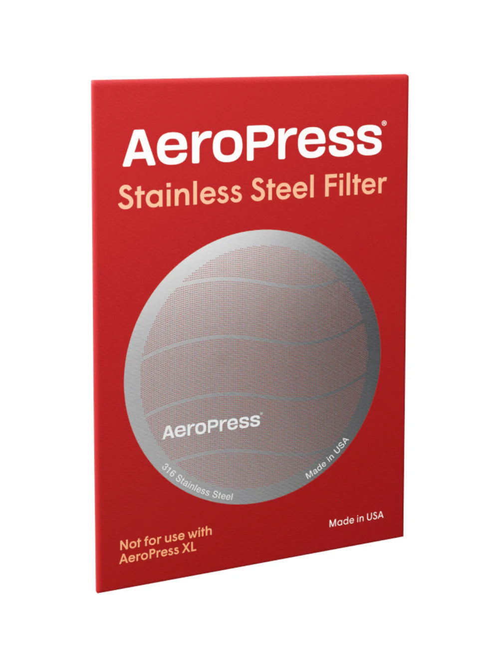 Aeropress stainless steel filter packaging on a white background
