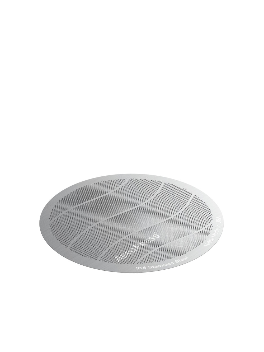 A circular Aeropress Filter shown on a plain white background. The filter features a silver-gray mesh screen with wavy gray lines and the Aeropress brand name printed on it.