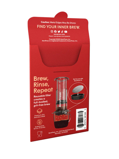 Red AeroPress coffee maker packaging on a white background