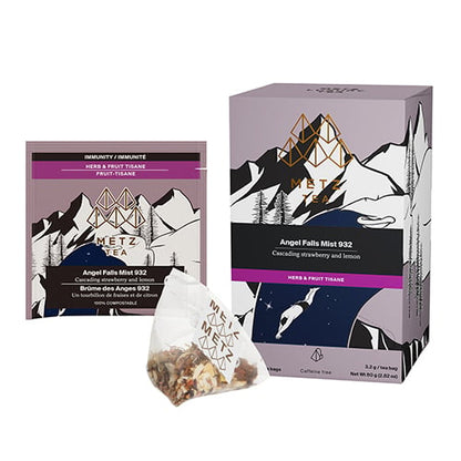 Metz Tea packaging with mountain design and tea bag on a white background