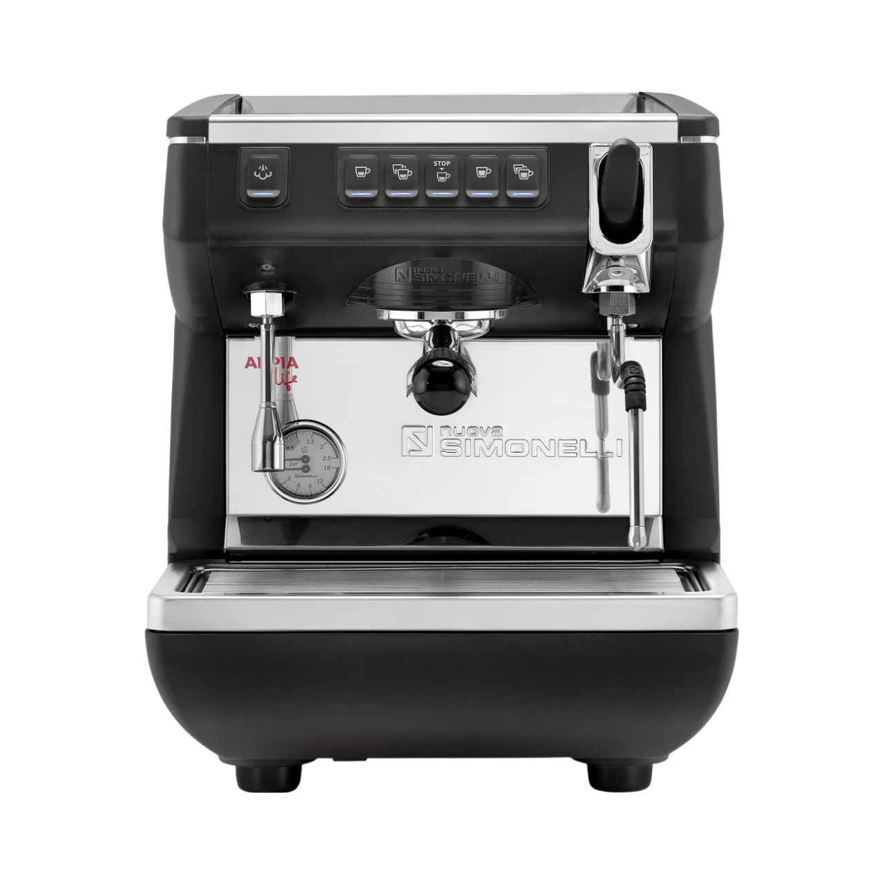 Black and silver espresso machine with 'Nuova Simonelli' branding on a white background
