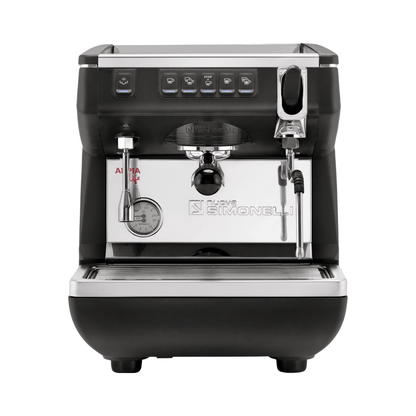 Black and silver espresso machine with 'Nuova Simonelli' branding on a white background
