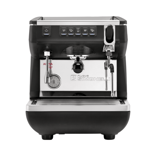 Black and silver espresso machine with 'Nuova Simonelli' branding on a white background