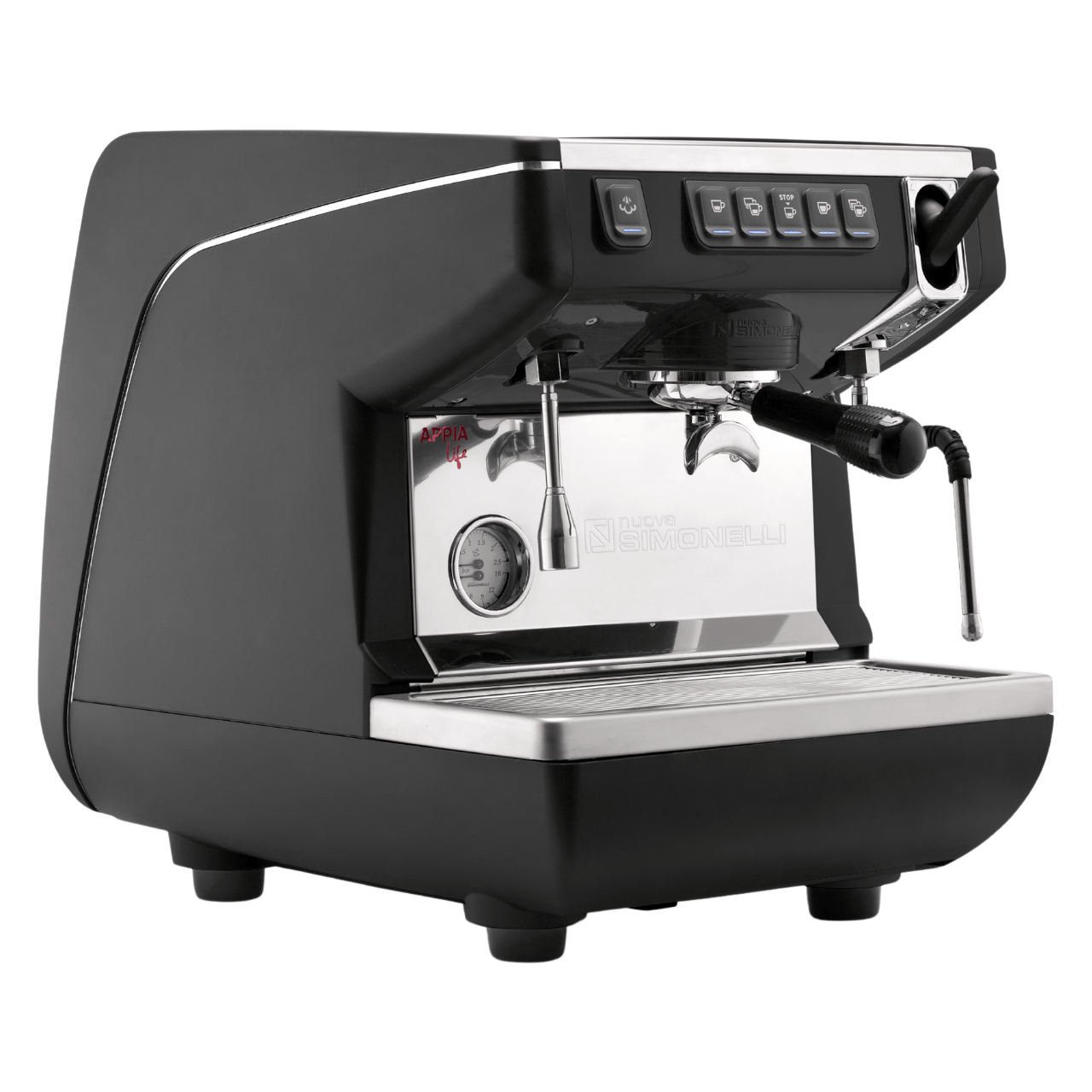 Black espresso machine with a white background