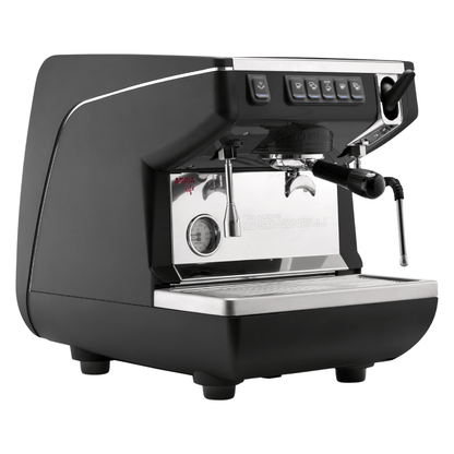 Black espresso machine with a white background