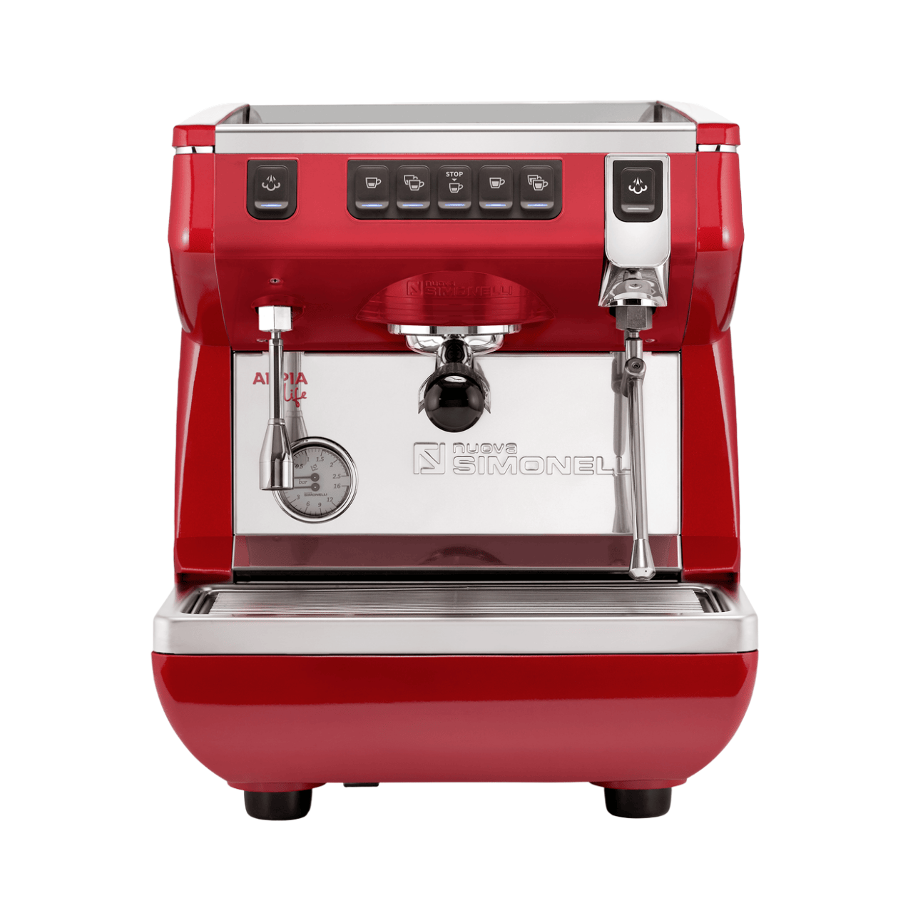 Red espresso machine with silver and black accents on a white background