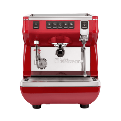 Red espresso machine with silver and black accents on a white background