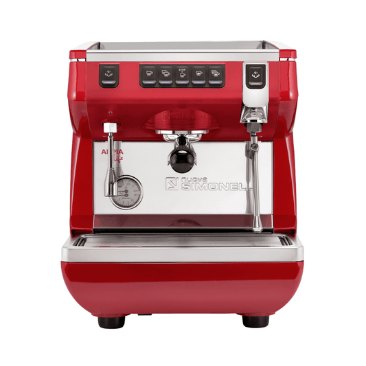 Red espresso machine with silver and black accents on a white background