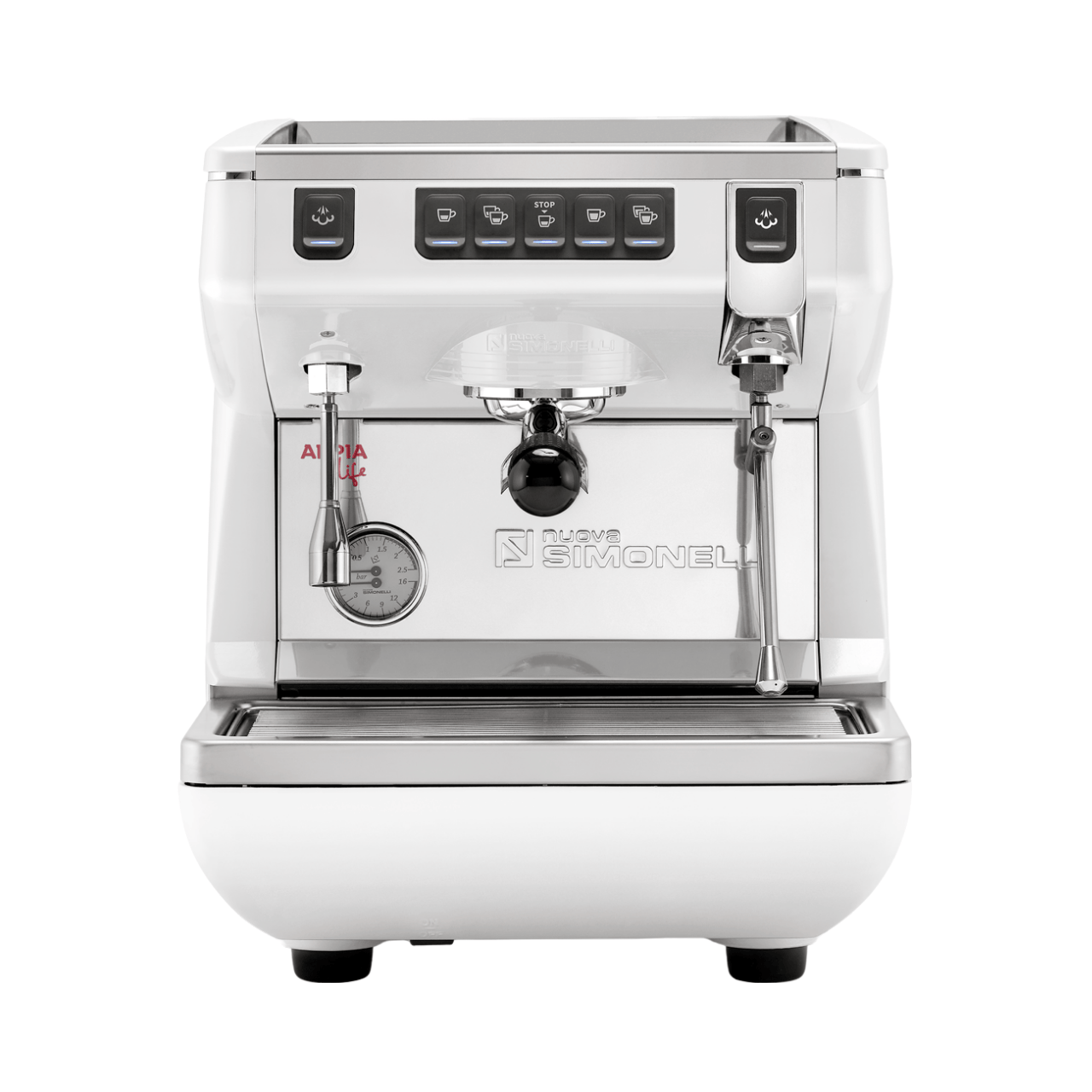 White coffee machine with brand logo on a white background