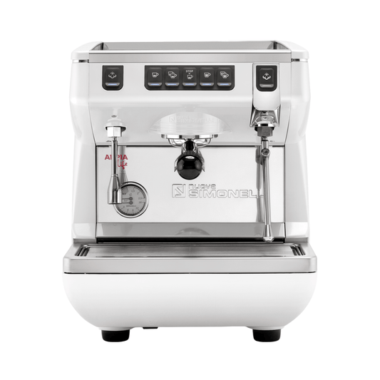 White coffee machine with brand logo on a white background