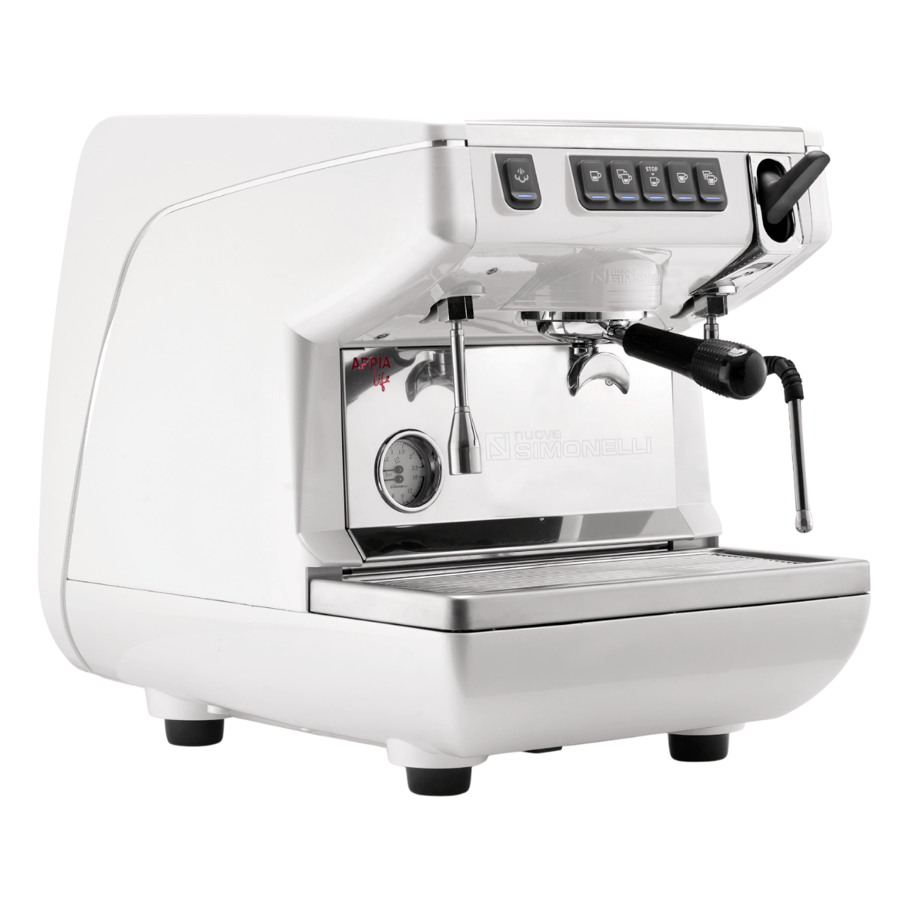 White espresso machine with chrome accents on a white background