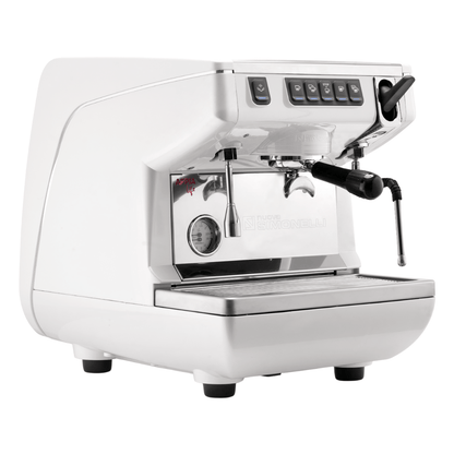 White espresso machine with chrome accents on a white background