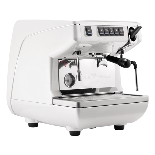 White espresso machine with chrome accents on a white background