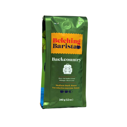 A 340g bag of Belching Barista Backcountry medium dark roast coffee, in a metallic green resealable pouch with a yellow label.