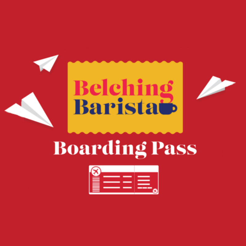 A flat graphic design of a 'Belching Barista' boarding pass on a solid red background, featuring white paper airplanes and a small boarding pass icon below.