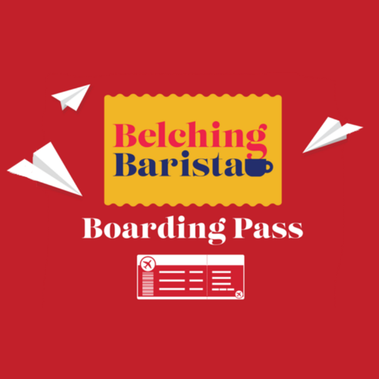 A flat graphic design of a 'Belching Barista' boarding pass on a solid red background, featuring white paper airplanes and a small boarding pass icon below.