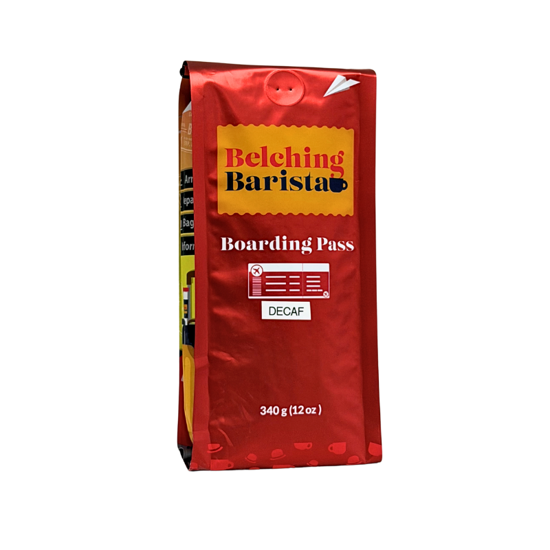 A 340 g bag of Belching Barista Boarding Pass Decaf coffee, featuring a metallic red packaging design with a yellow label and white text, isolated on a white background.