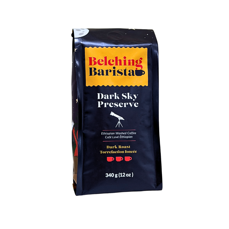 A 340 g bag of Belching Barista Dark Sky Preserve coffee, featuring a dark navy blue bag with a yellow logo banner and white text, set against a plain white background.