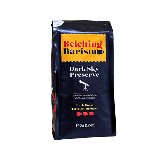 A 340 g bag of Belching Barista Dark Sky Preserve coffee, featuring a dark navy blue bag with a yellow logo banner and white text, set against a plain white background.