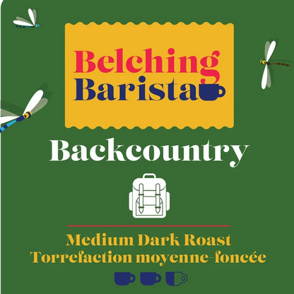 Belching Barista coffee packaging with a green background, backpack icon, and coffee cup symbols.