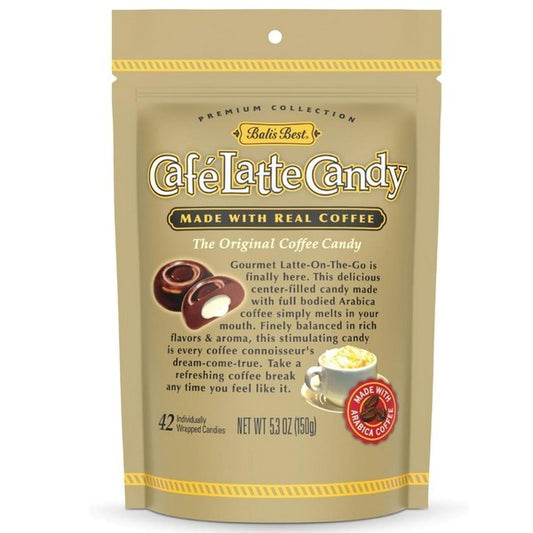 Café Latte Candy packaging with text and graphics on a beige background