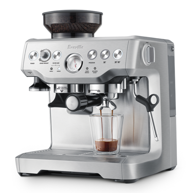 Breville Barista Express espresso machine on a white background Side view
