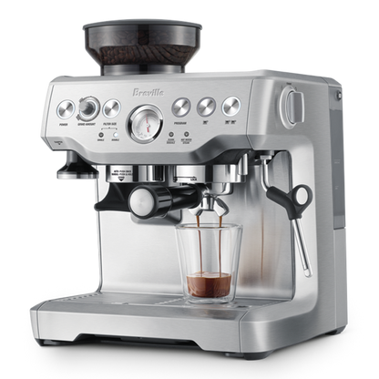 Breville Barista Express espresso machine on a white background Side view