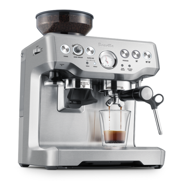 Breville Barista Express espresso machine on a white background Side angle