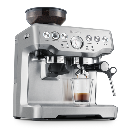 Breville Barista Express espresso machine on a white background Side angle