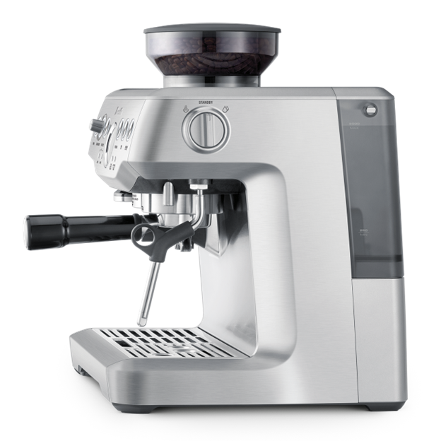 Silver espresso machine on a white background Side View