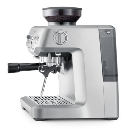 Silver espresso machine on a white background Side View