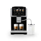 Bellucci coffee machine with two cups of coffee and a milk container on a white background
