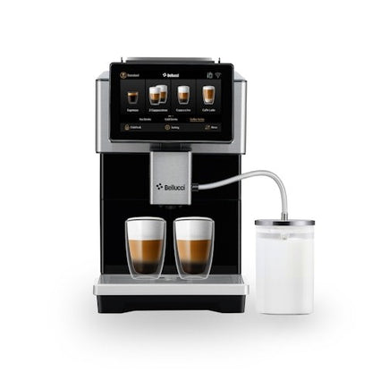Bellucci coffee machine with two cups of coffee and a milk container on a white background