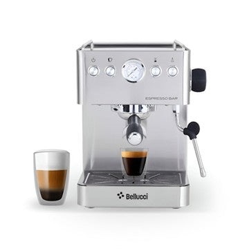 Silver Bellucci espresso machine with a glass of coffee on a white background